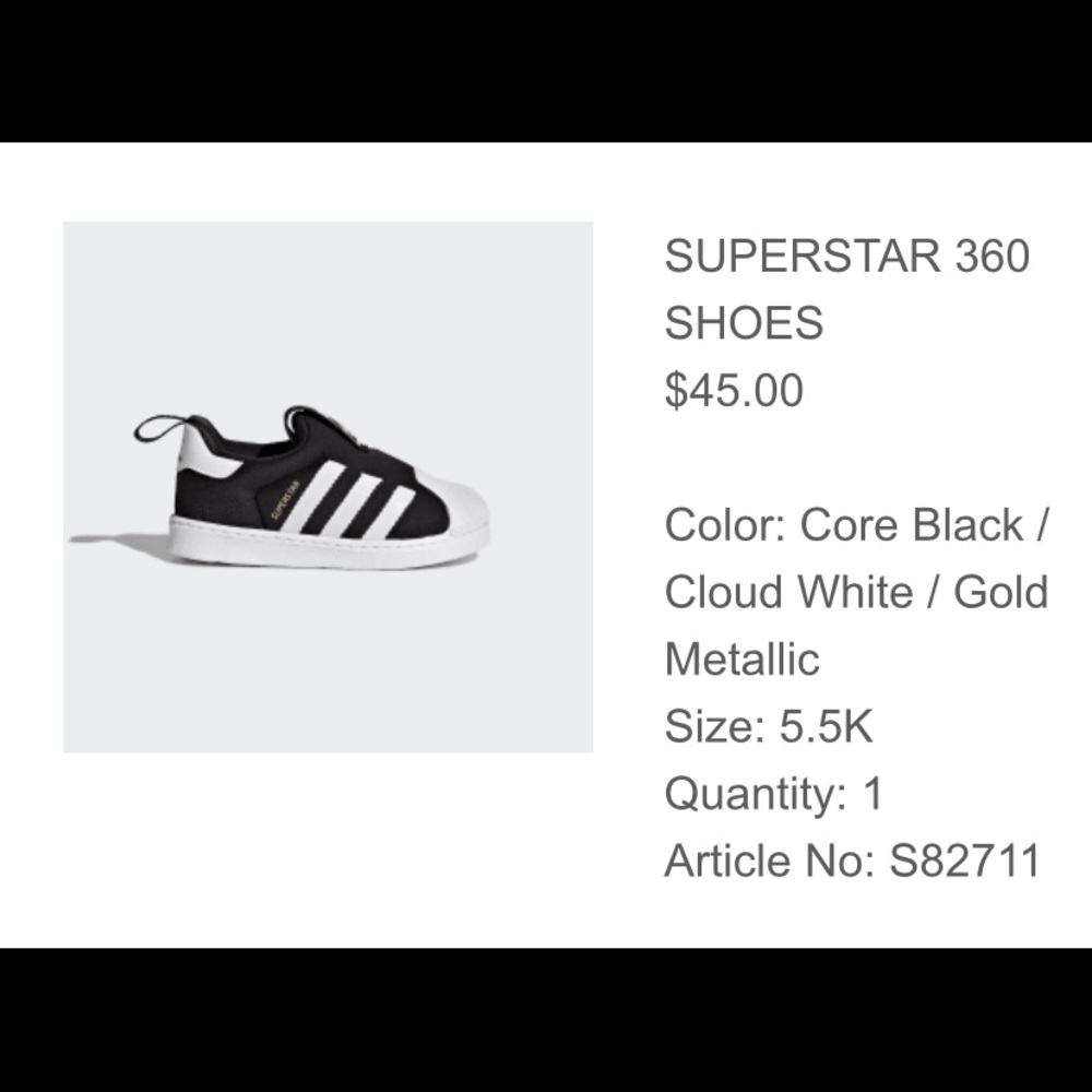 Baby Adidas SuperStar slip on tennis shoes.